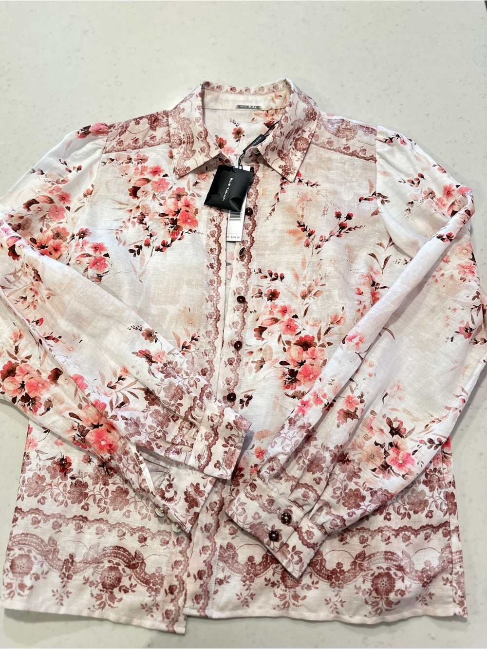 NWT Elie Tahari Pink Floral Linen Button Down Blouse Size Small Designer Premium